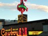 The Million Dollar Cowboy Bar in Jackson, Wyoming, at sunset.